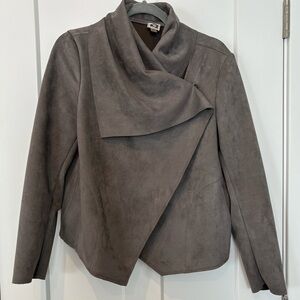 Anne Klein Gray Faux Suede Asymmetrical Draped Collar Moto Jacket, Size Medium